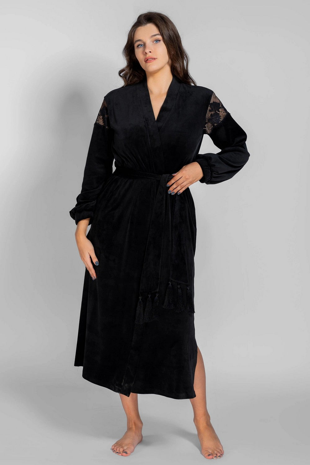 Велюровий халат з мереживом 8183-6723 black
