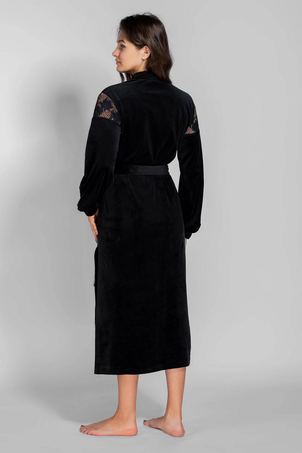 Велюровий халат з мереживом 8183-6723 black