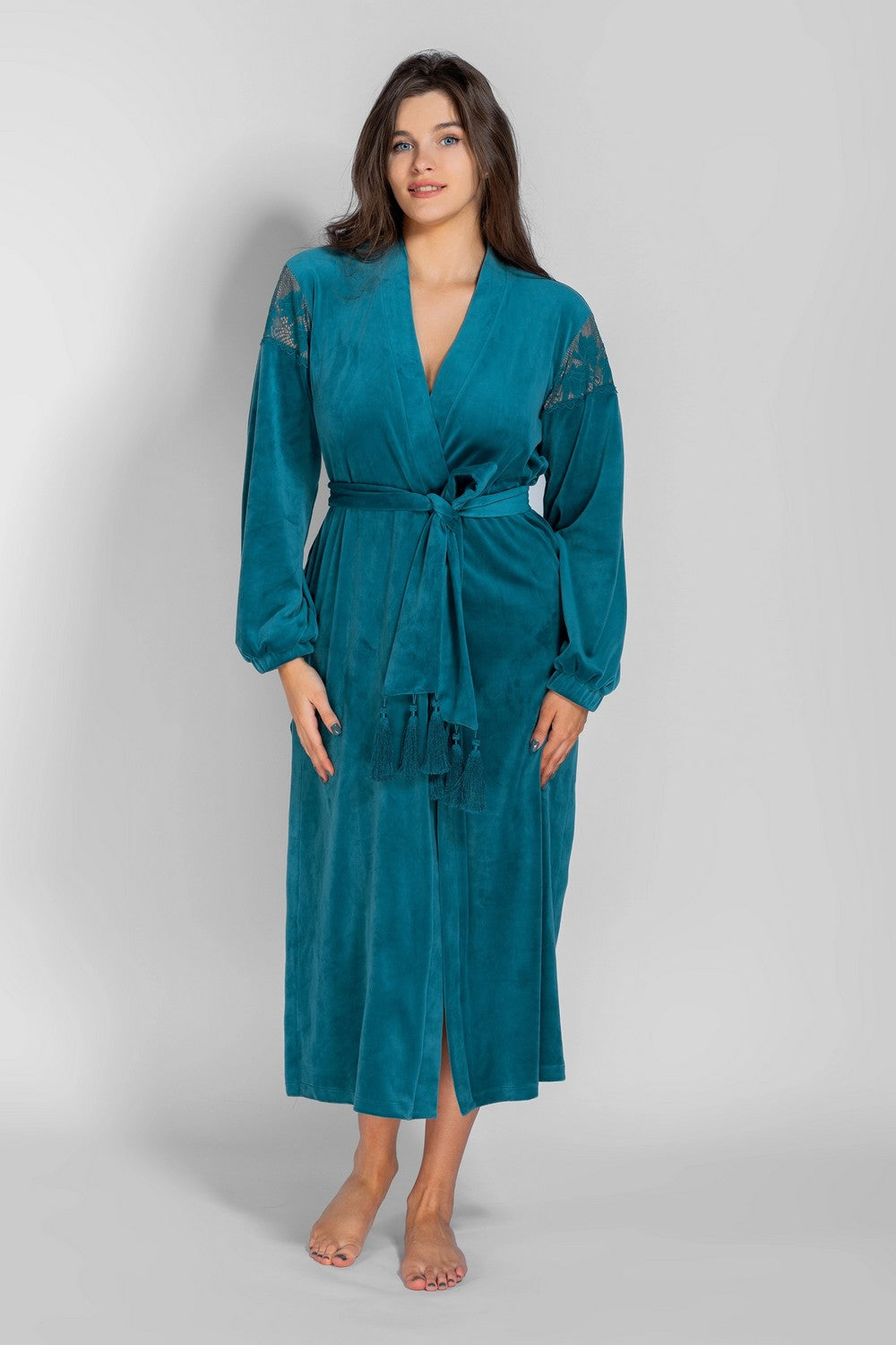 Велюровий халат з мереживом 8183-6723 emerald