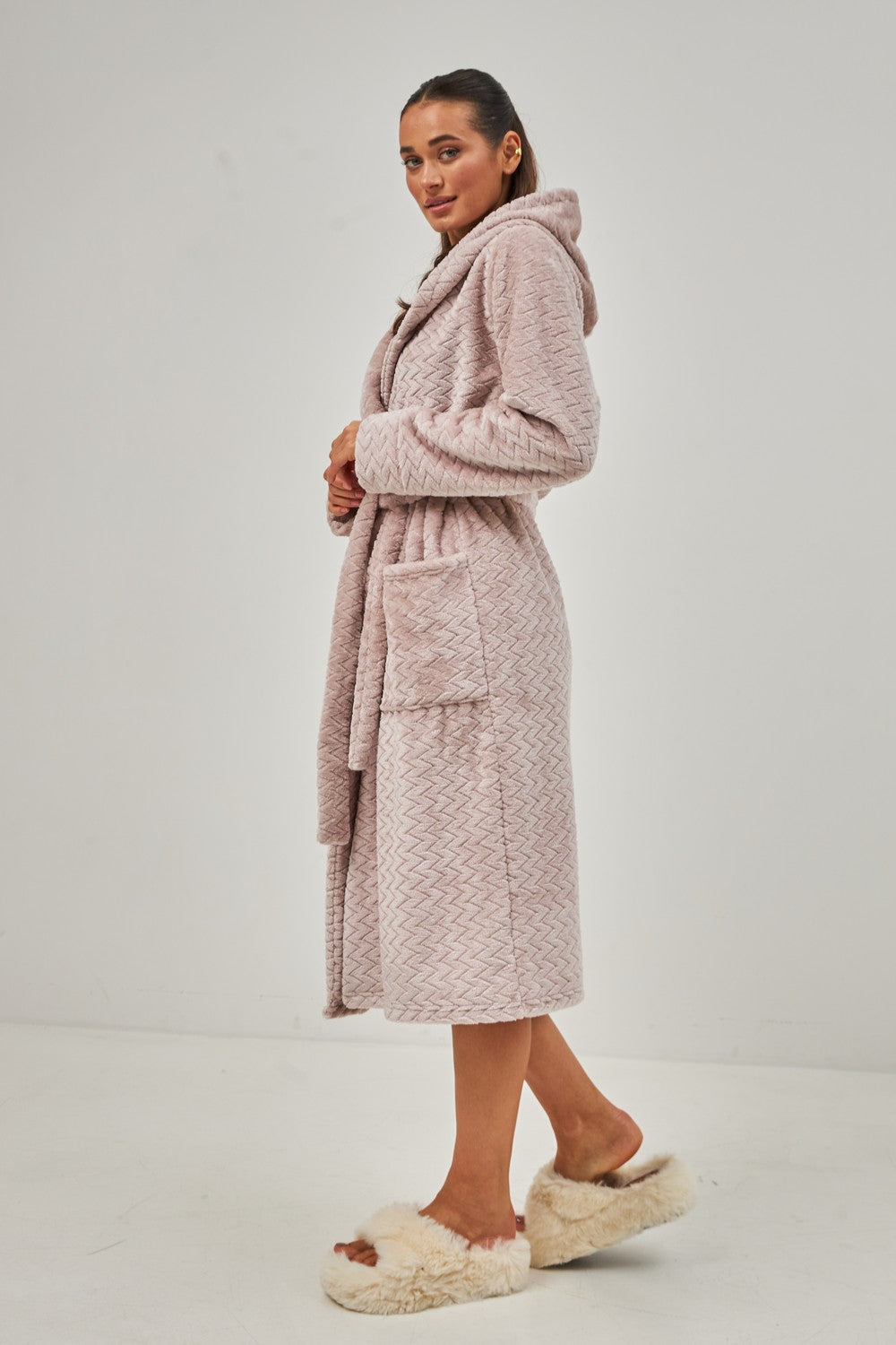 Халат из велсофта с капюшоном 0227/1 beige