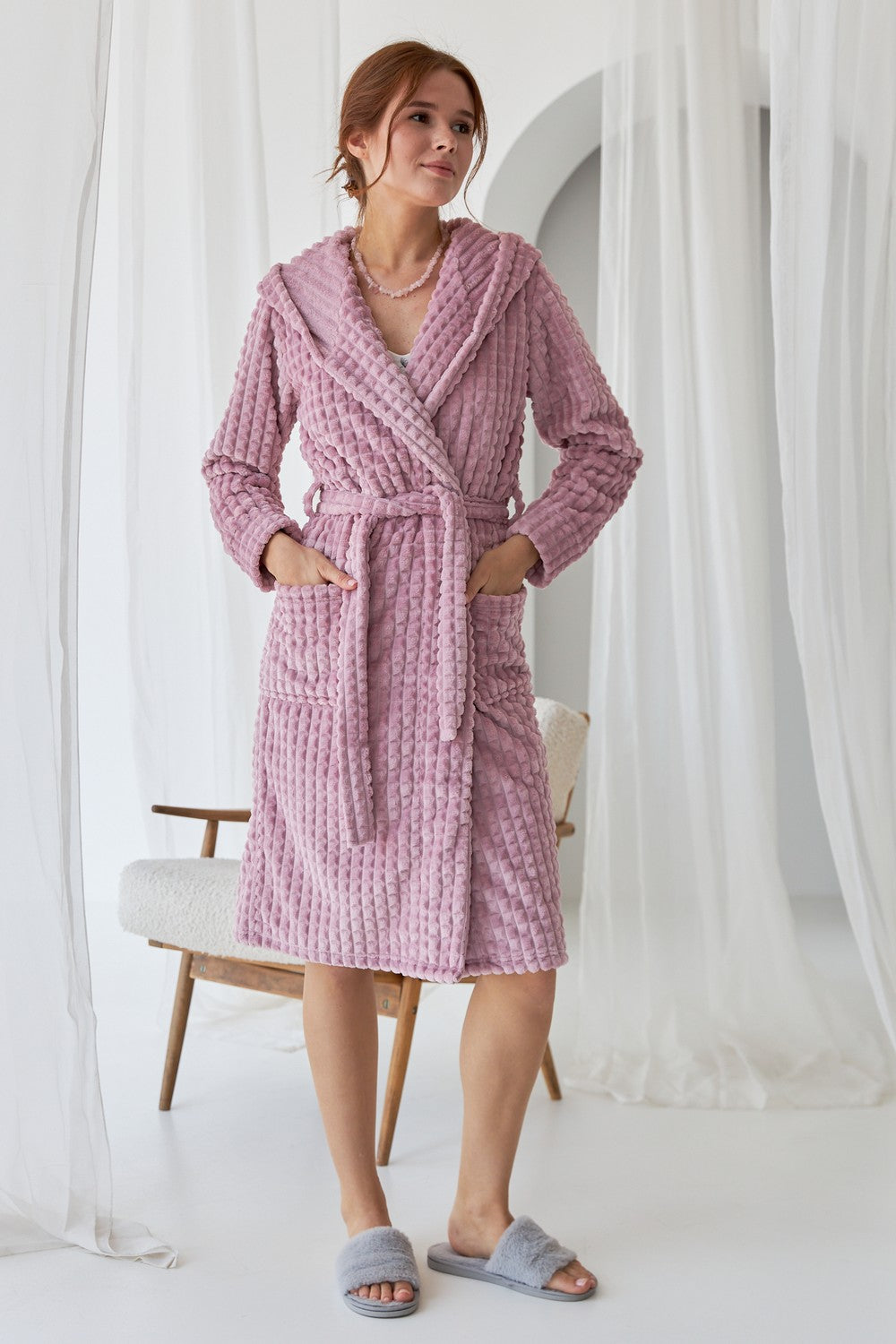 Халат из велсофта с капюшоном 0227/1 rose