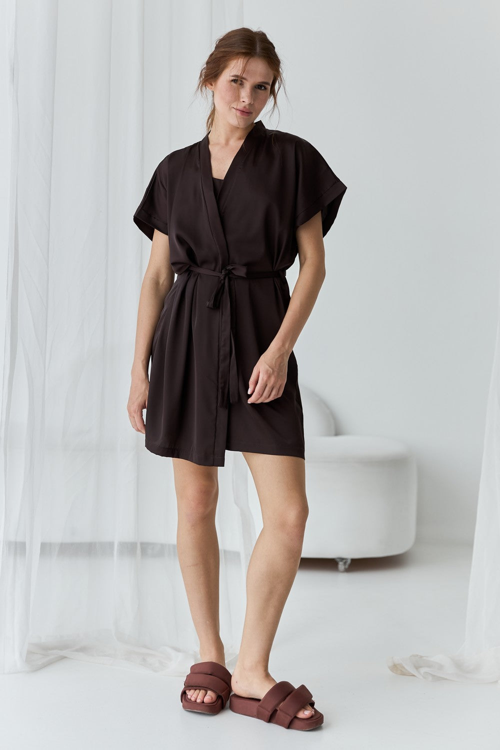 Атласный халат с поясом 0242 dark chocolate