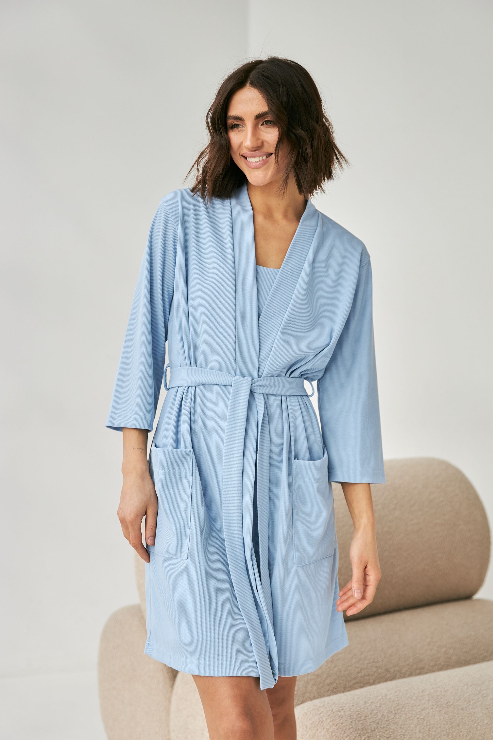 Короткий халат в рубчик 0317 blue