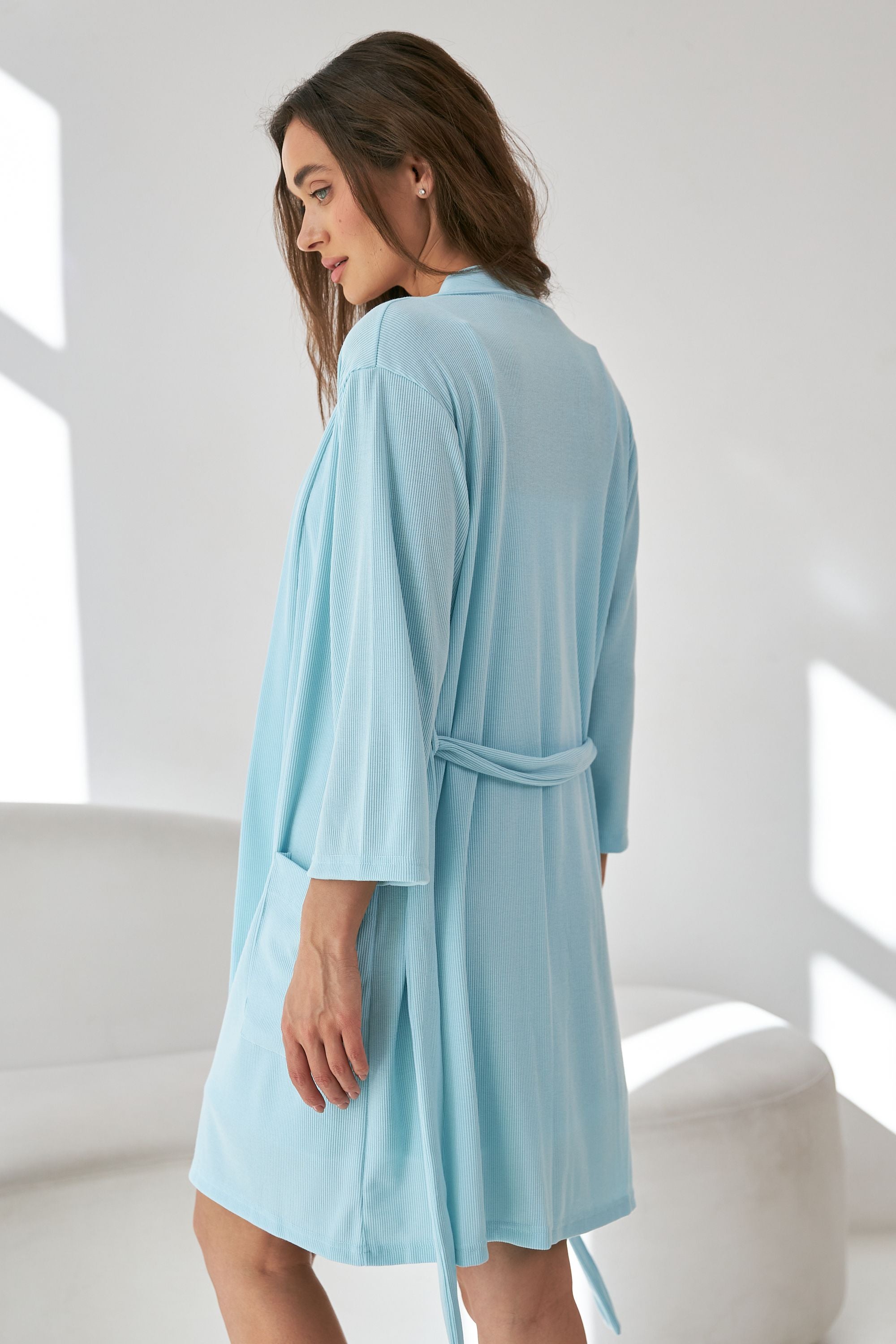 Короткий халат в рубчик 0317 light blue