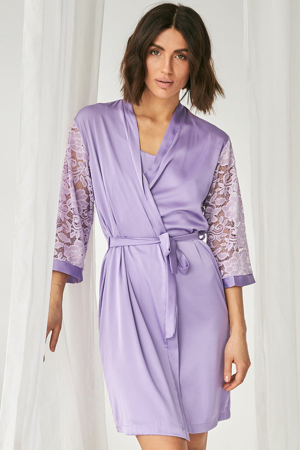 Атласный халат с кружевными рукавами 0337 lilac