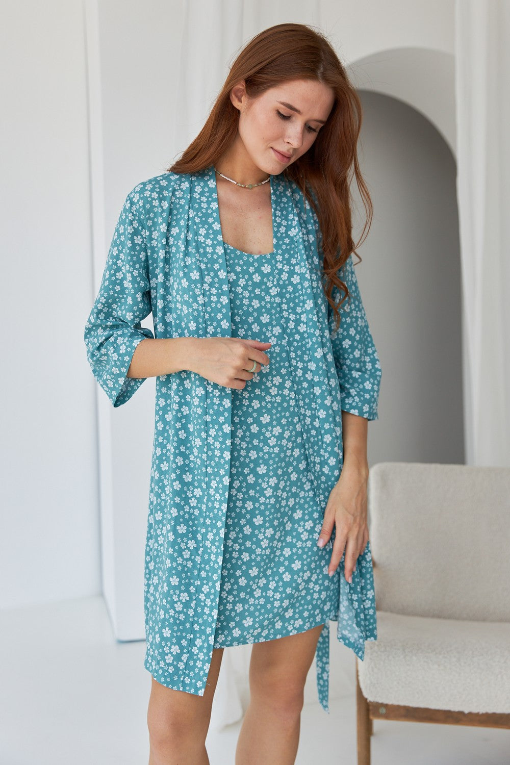 Сорочка из штапеля 0342 white flowers/turquoise