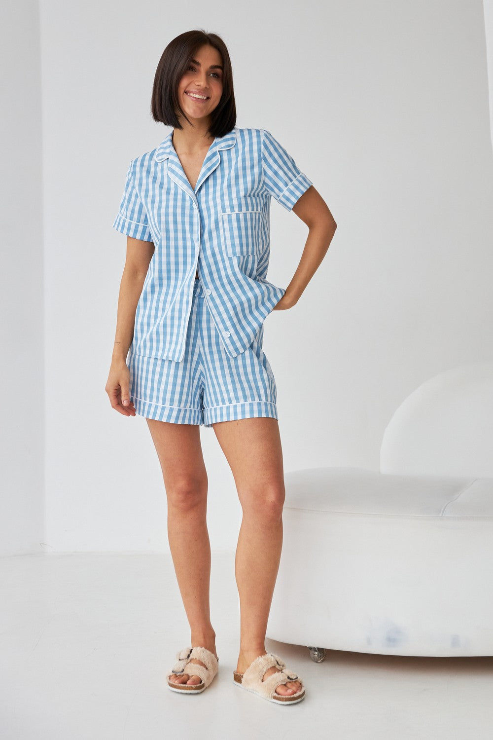 Хлопковая пижама в клетку 0358/359 blue cell