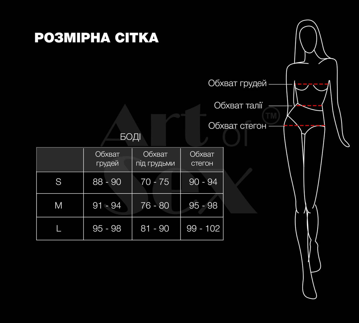 Вінілове боді з рукавами Jessica red Art of Sex коробка таблиця розмірів