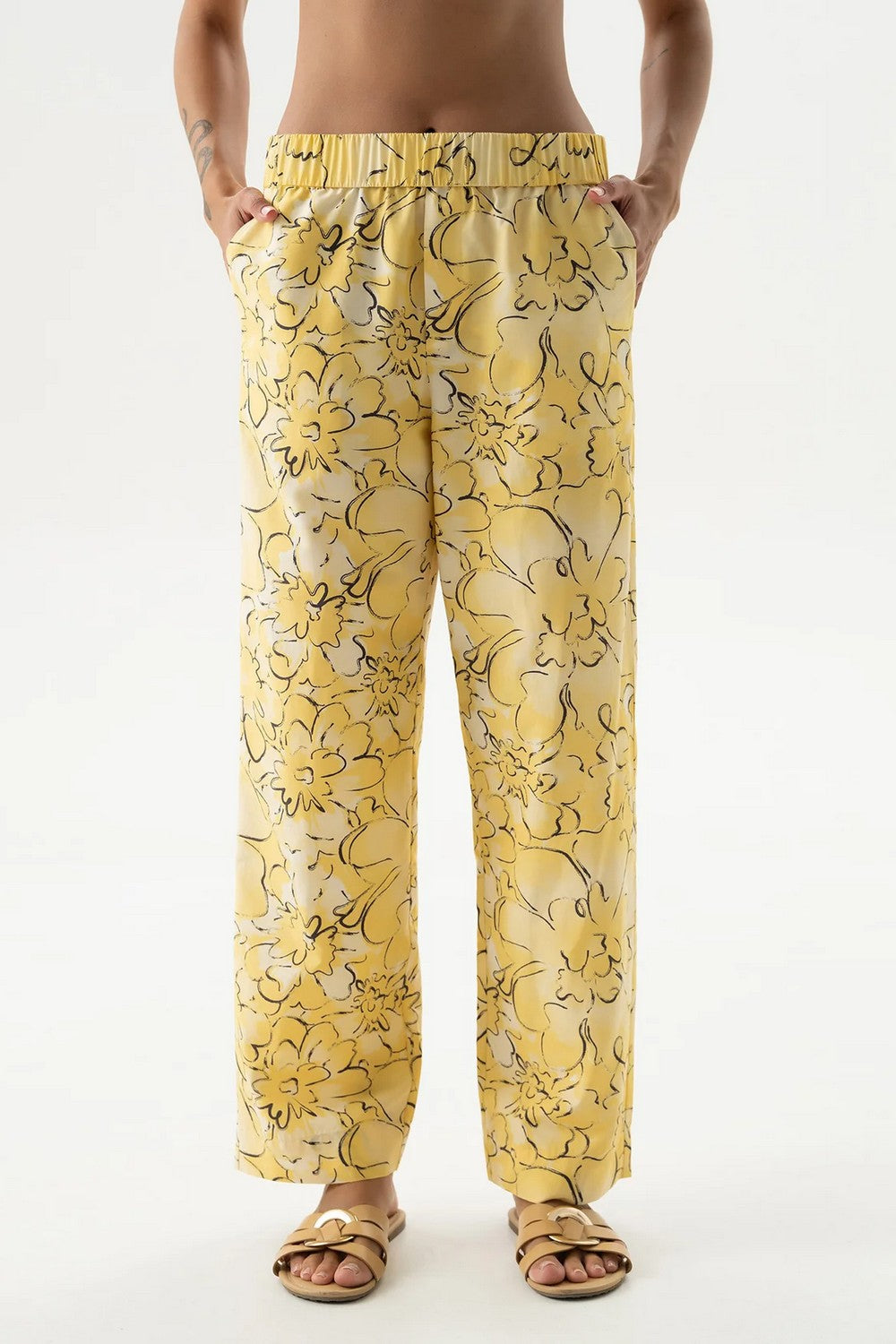 Хлопковые брюки 251204-06 Strapped Cotton yellow flowers