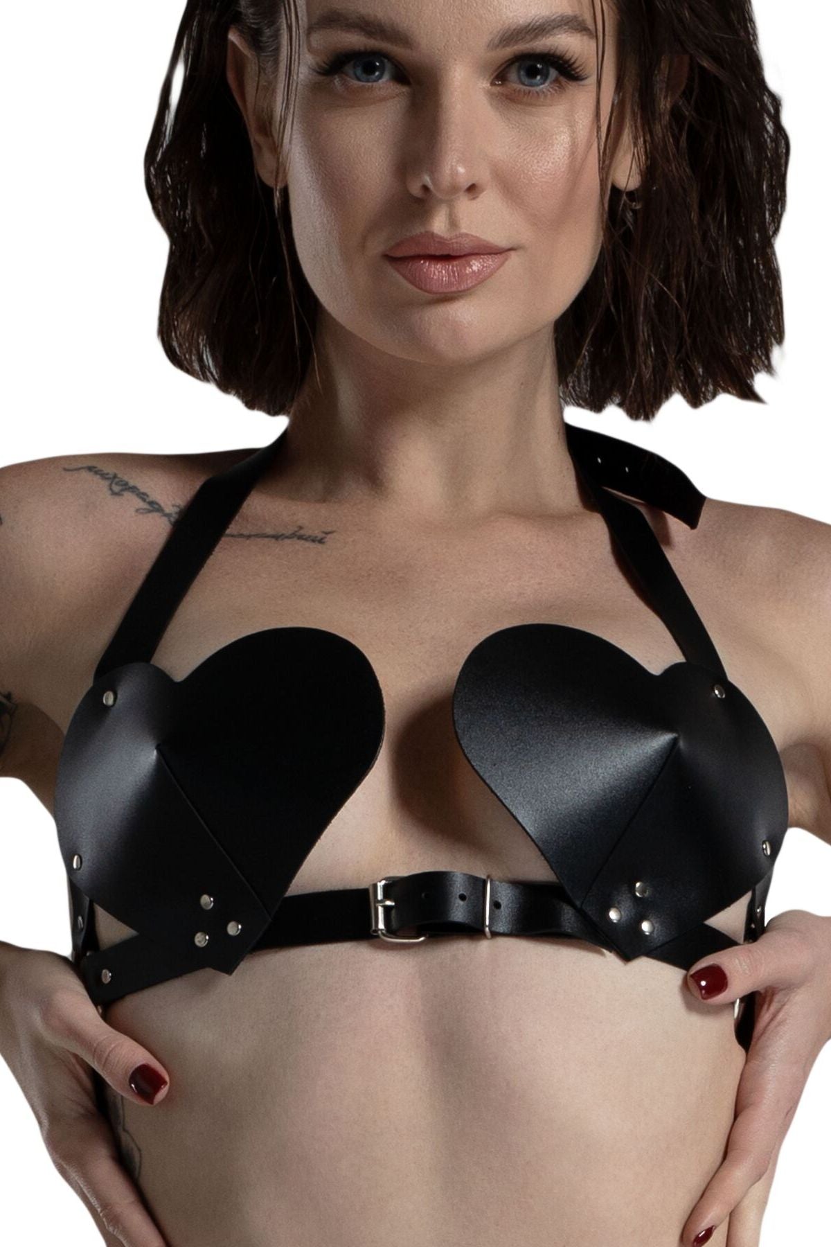 Кожаный лиф с заклепками Hearts Bra black