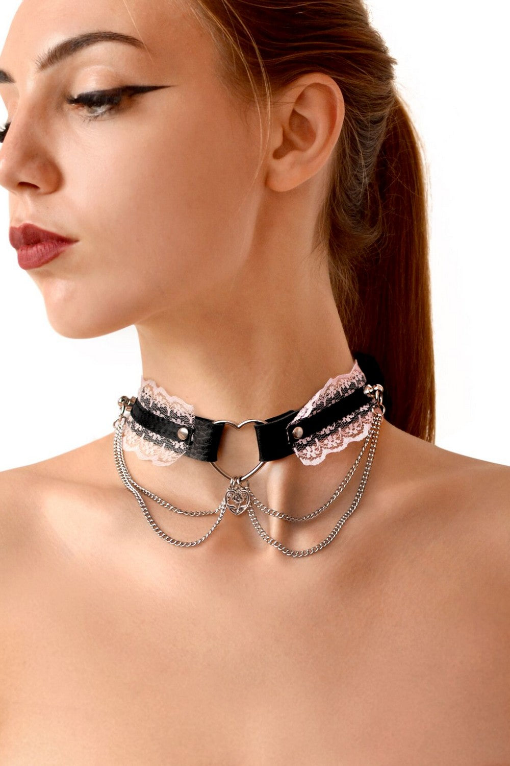 Кожный чокер с кружевом Karen rose/black