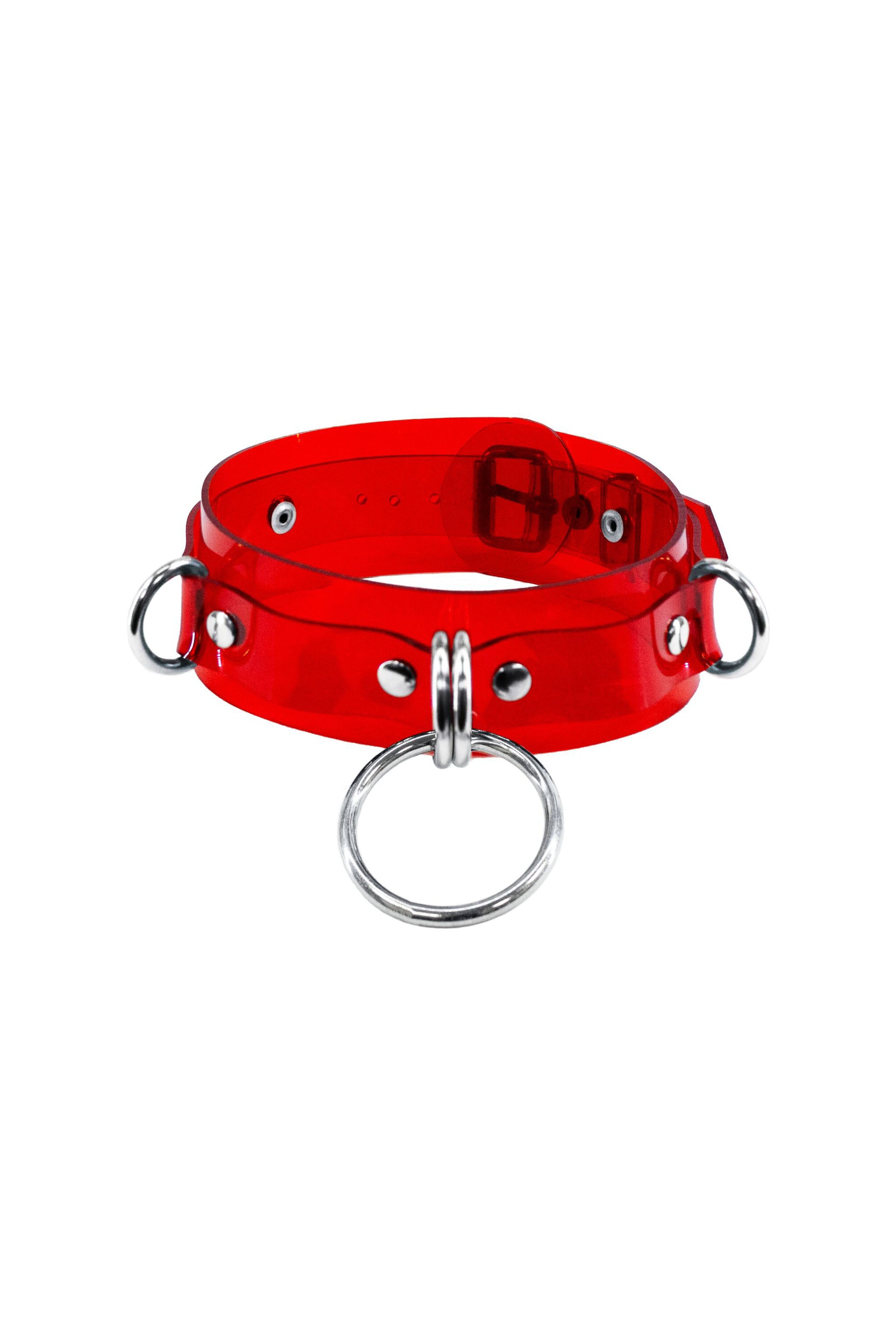 Кожаный ошейник для фиксации D-Rings red transparent