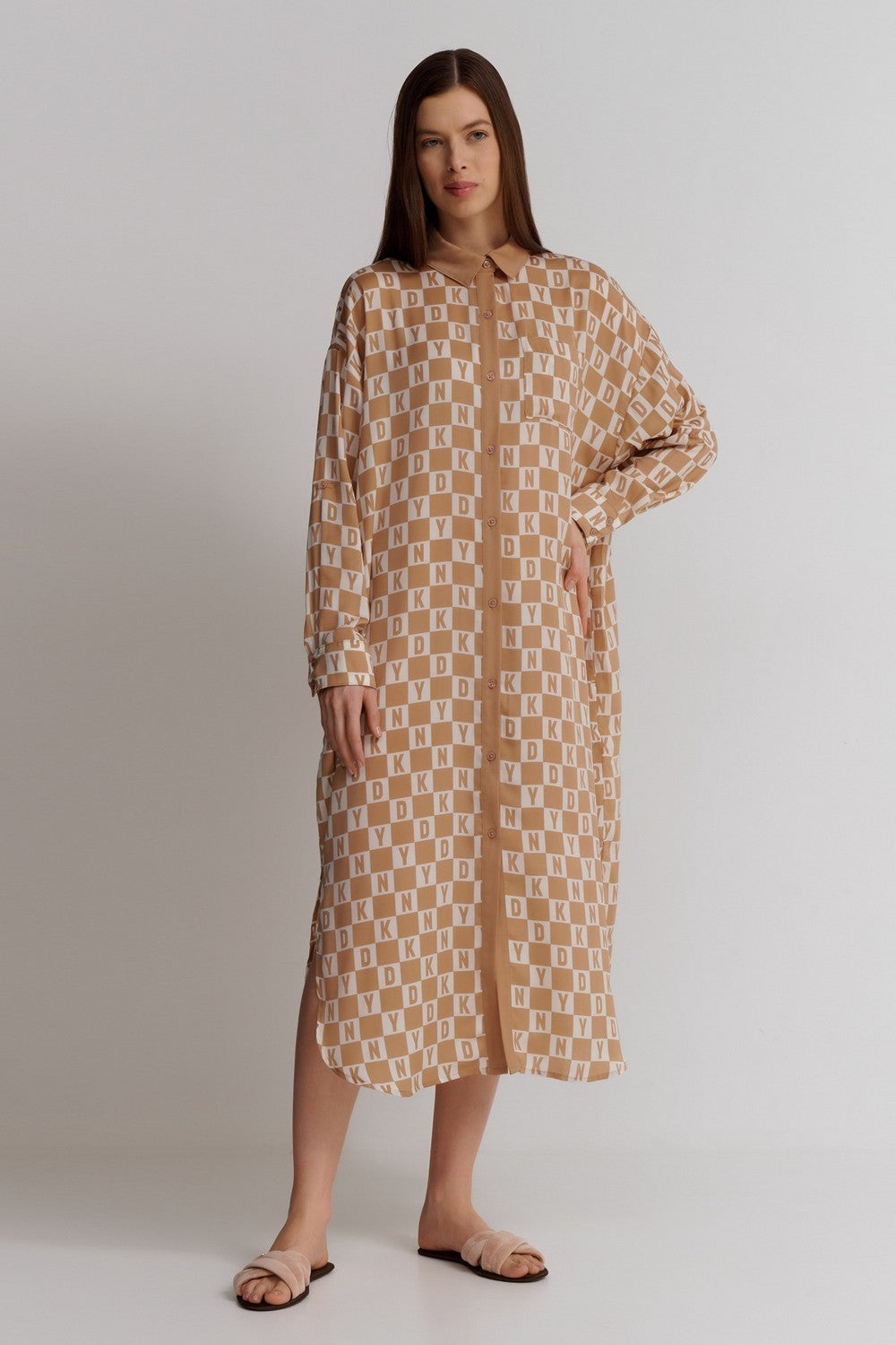 Длинный халат на пуговицах YI20019 oatmeal