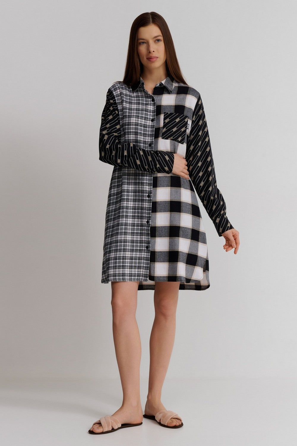 Домашнее платье-рубашка YI30021 black plaid