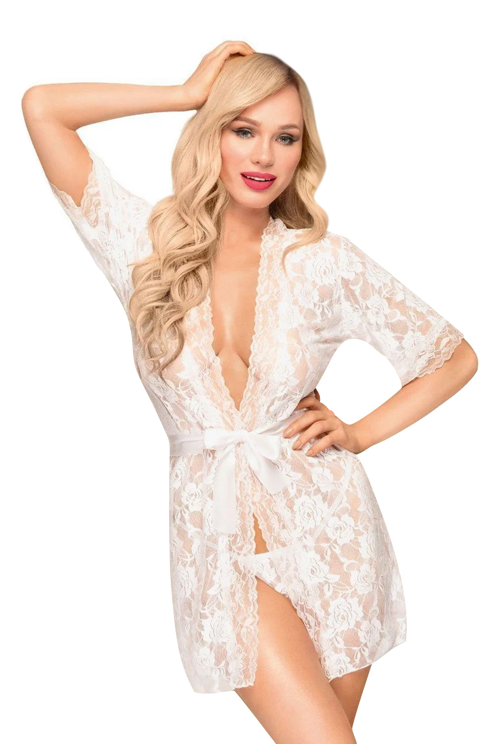 Кружевной пеньюар с атласным поясом Sweet Retreat white