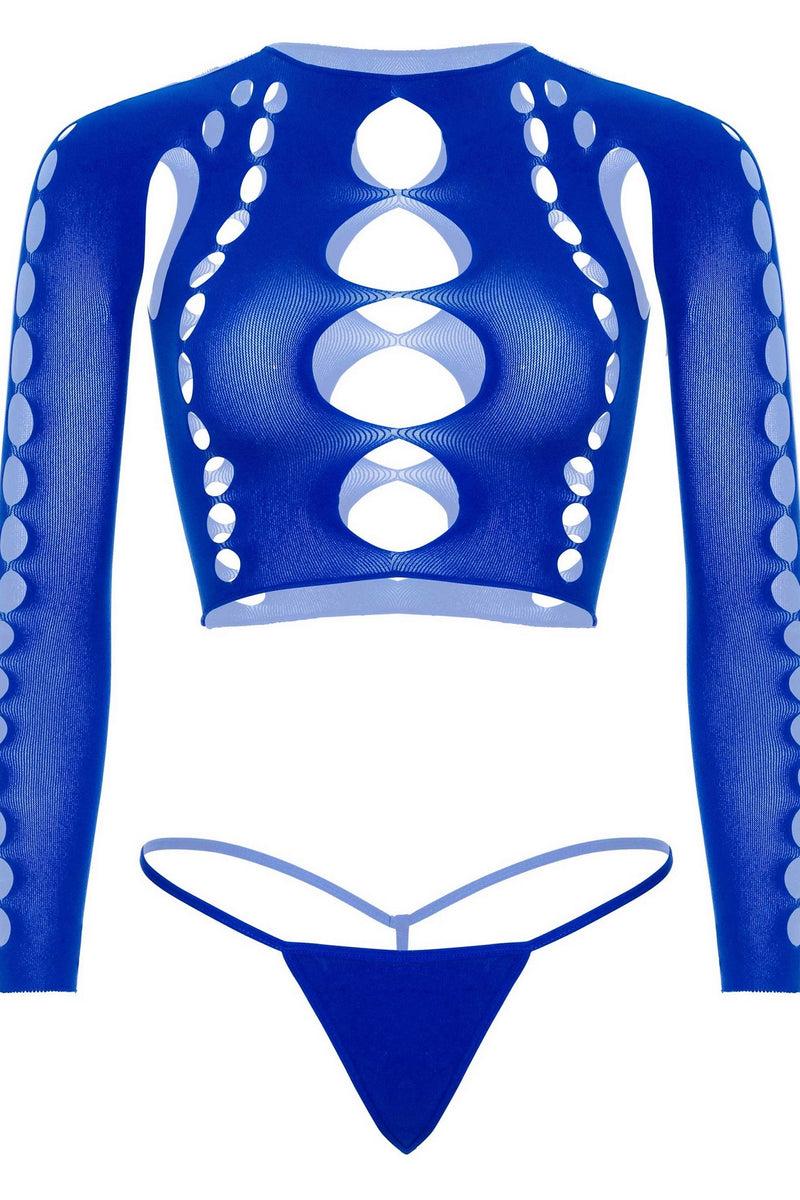 Эротический комплект со стрингами Long sleeve crop top & string royal blue