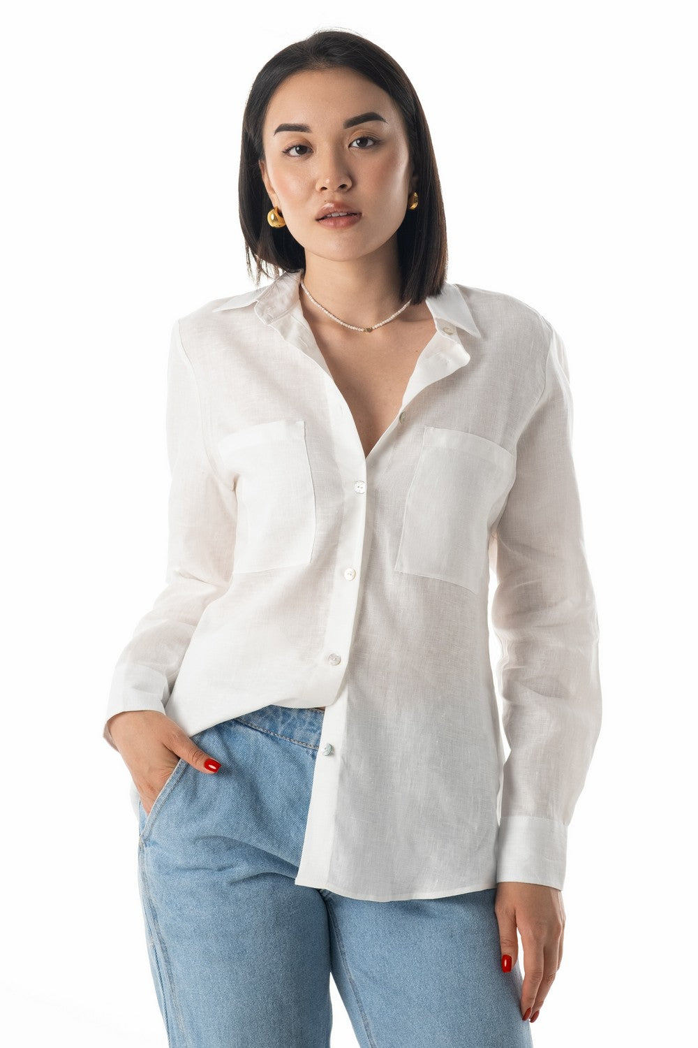 Льняная рубашка с карманами 23047 white