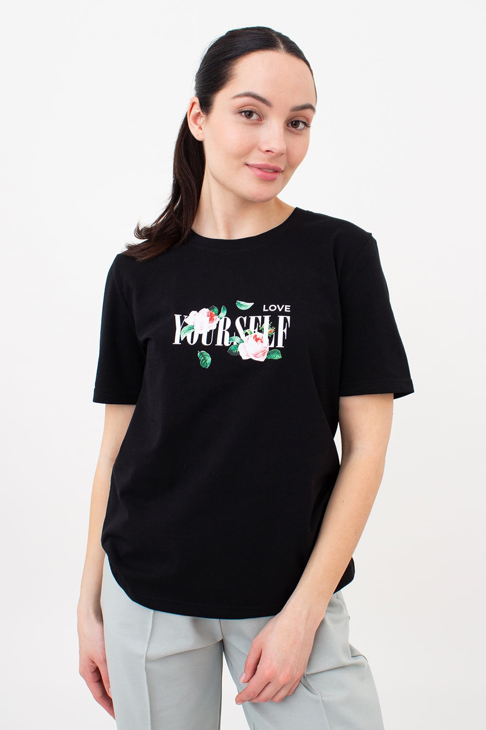 Хлопковая футболка с принтом UP-00000077 black/flowers