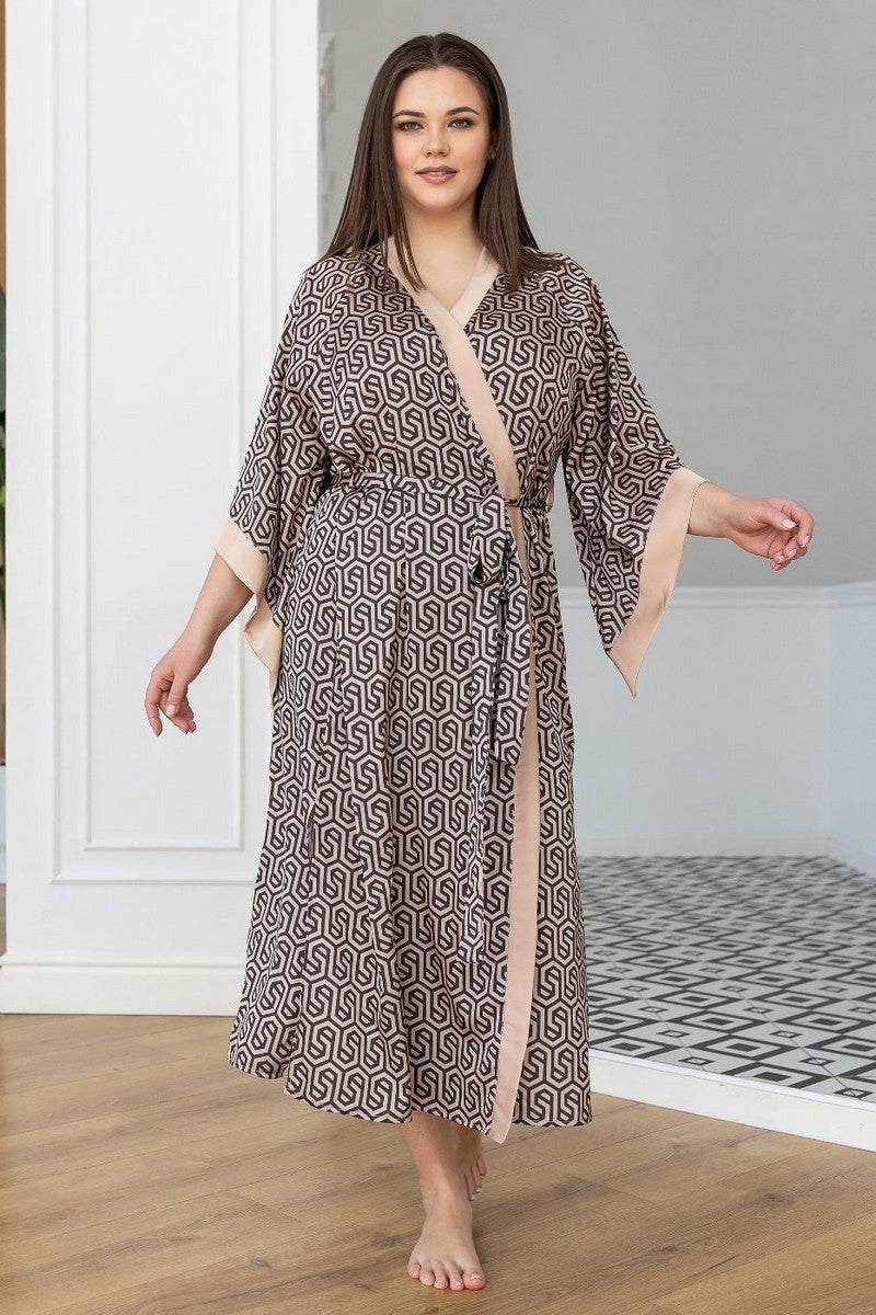 Шелковый халат-кимоно Хб199 beige/print