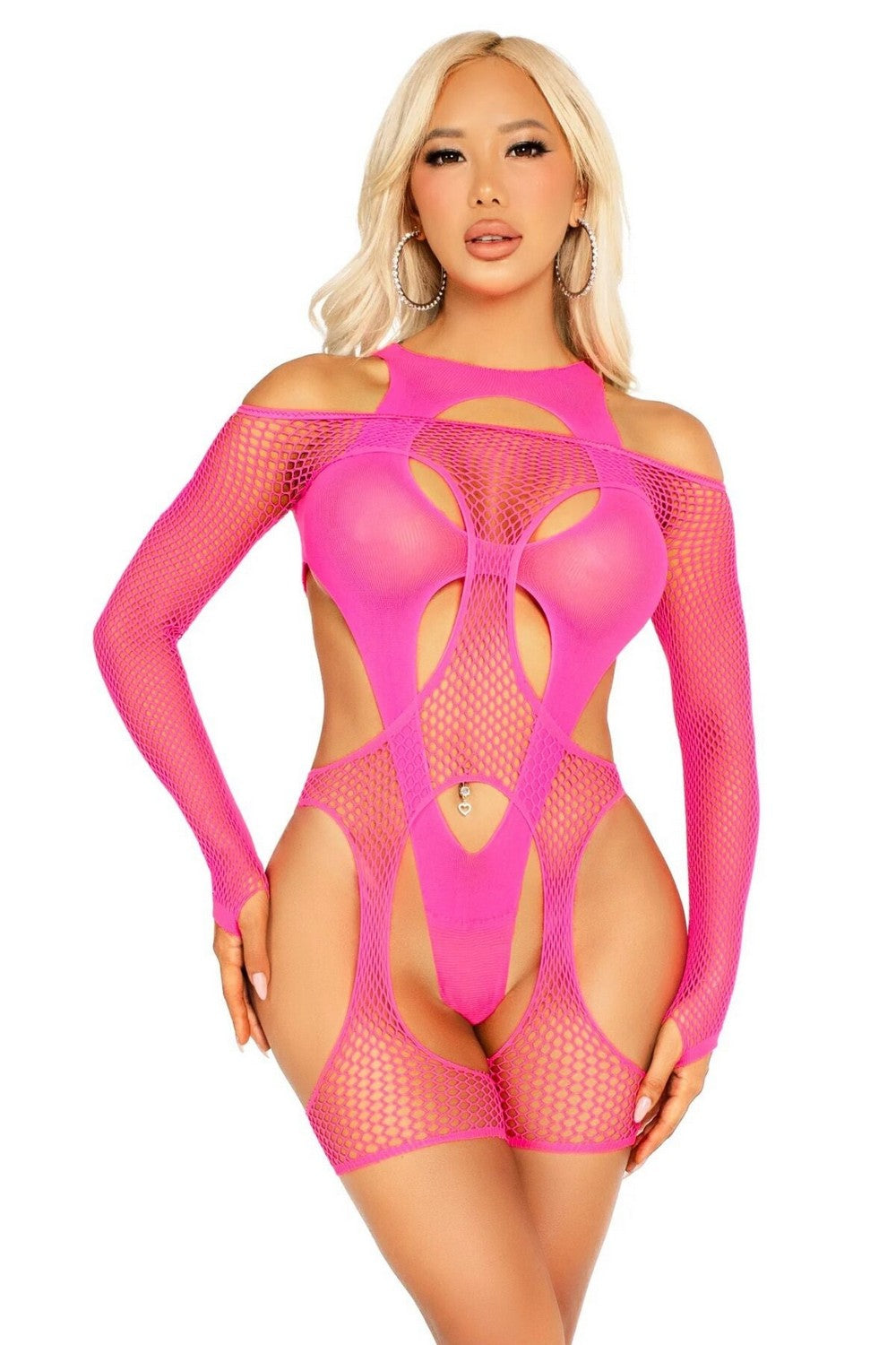 Боди-стринг из сетки Fishnet Garter Harness and Teddy neon pink