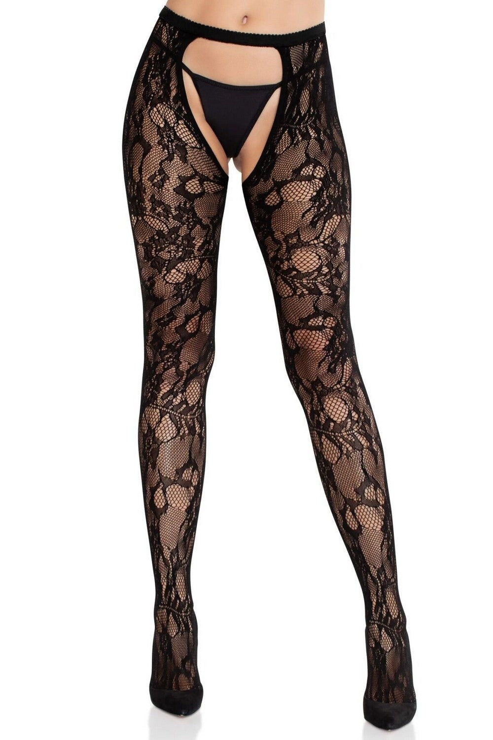 Ажурные пояс-чулки Rose Lace Crotchless Tights with Open black