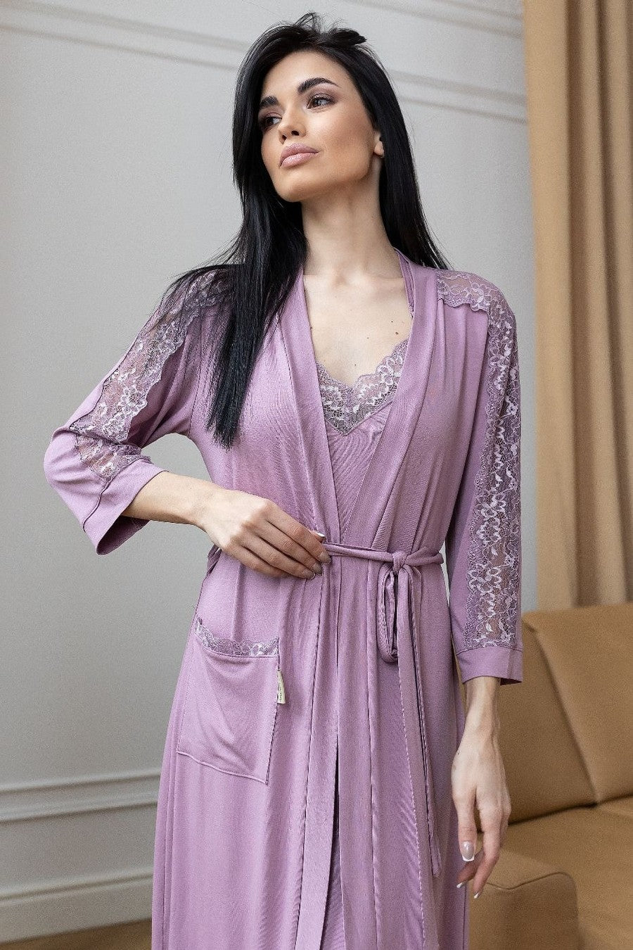Халат из вискозы с кружевом Хф1212 pale purple