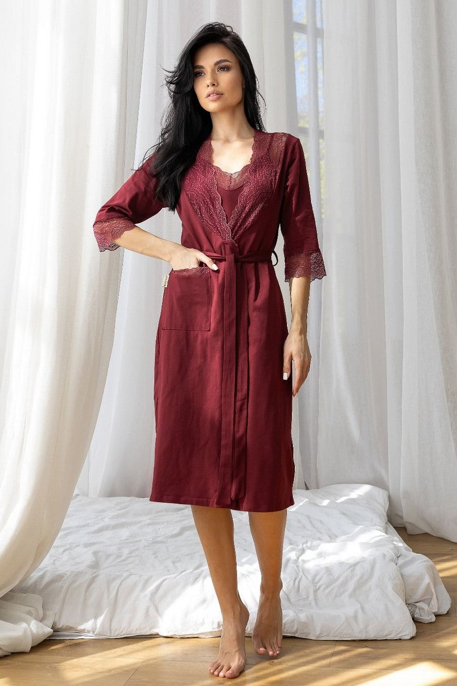 Халат из хлопка с кружевом Хм1112 dark red