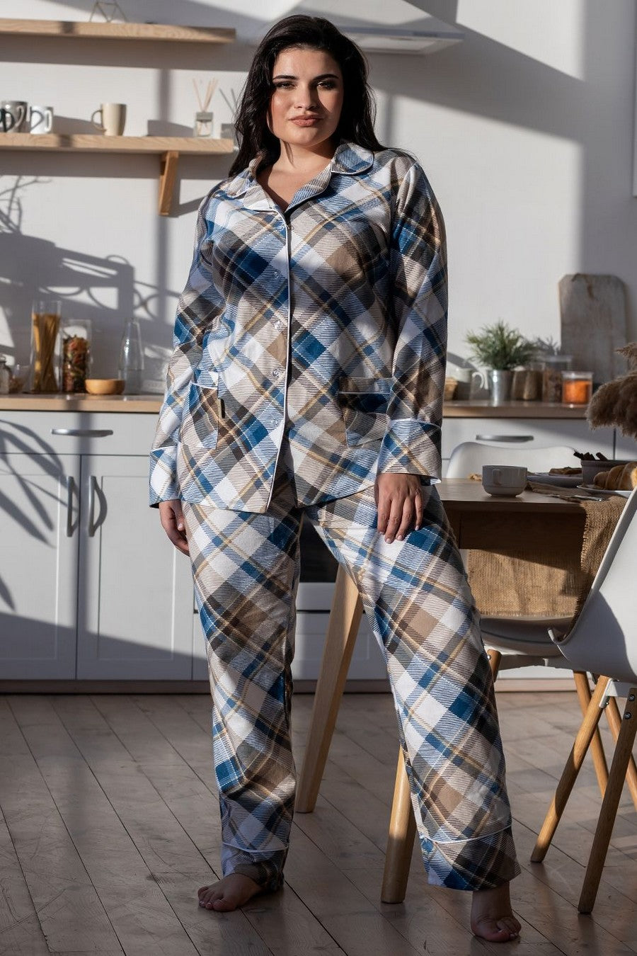 Фланелевая пижама на пуговицах П1001 blue