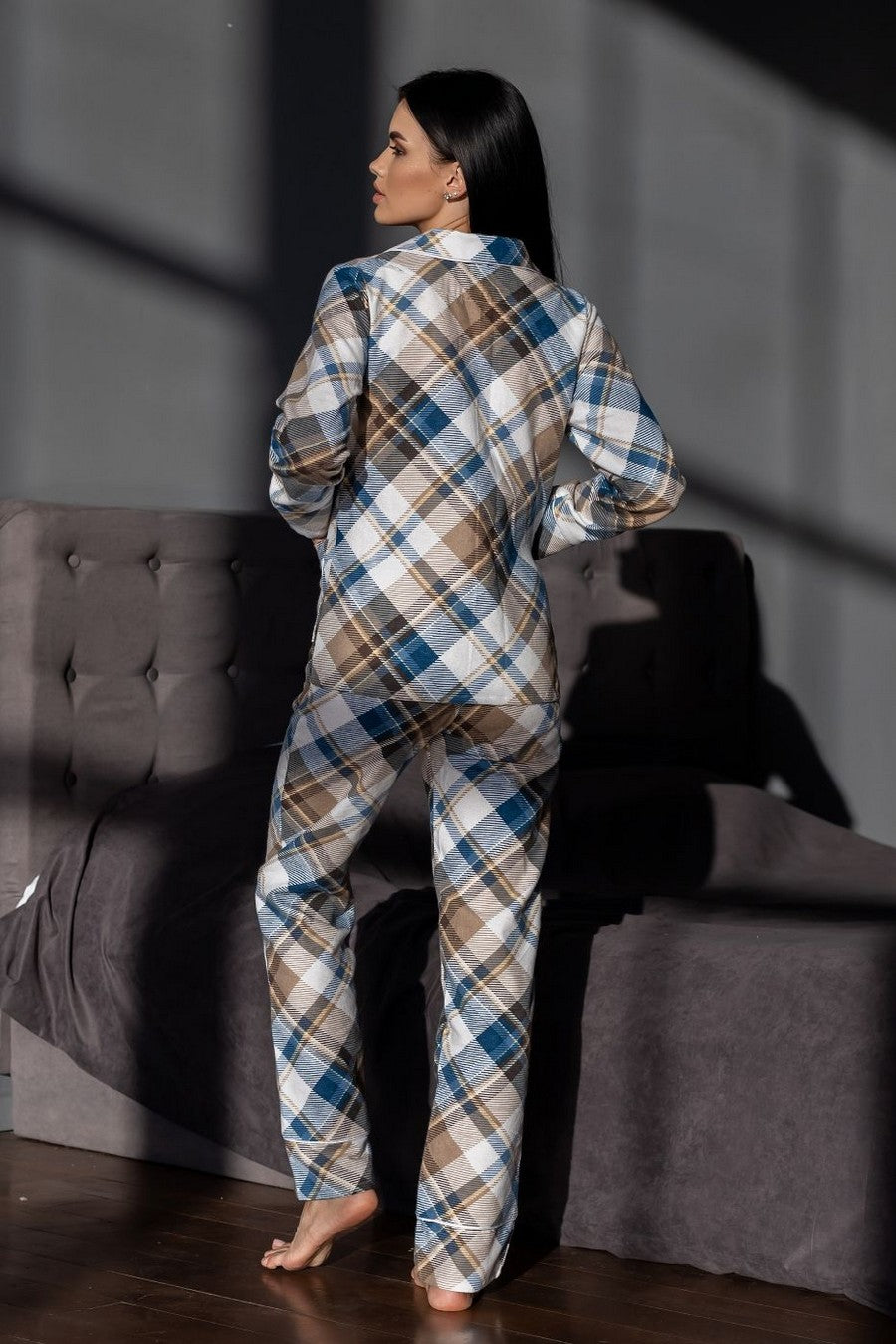 Фланелевая пижама на пуговицах П1001 blue