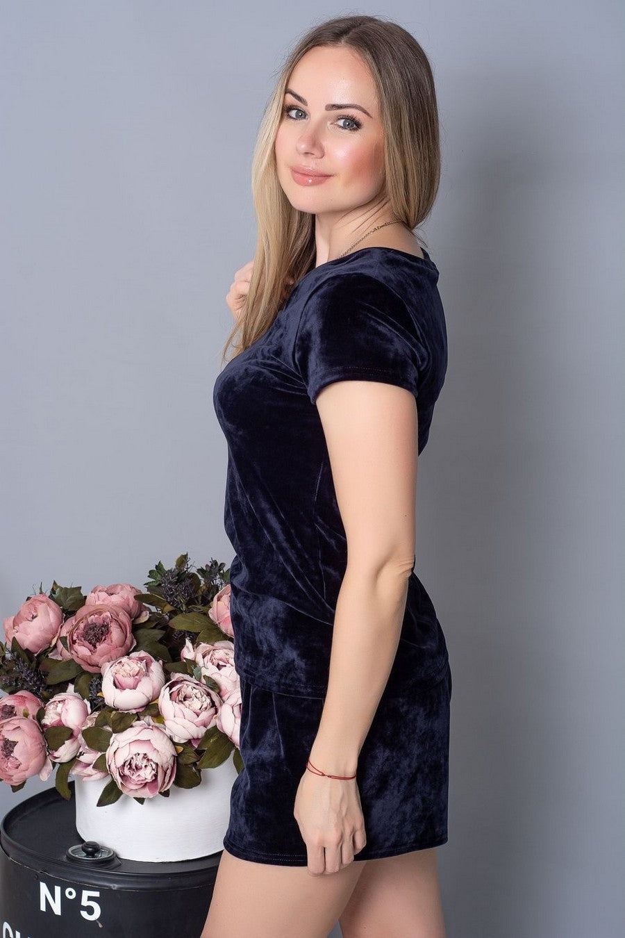 Велюровая пижама с шортами П1325 blue