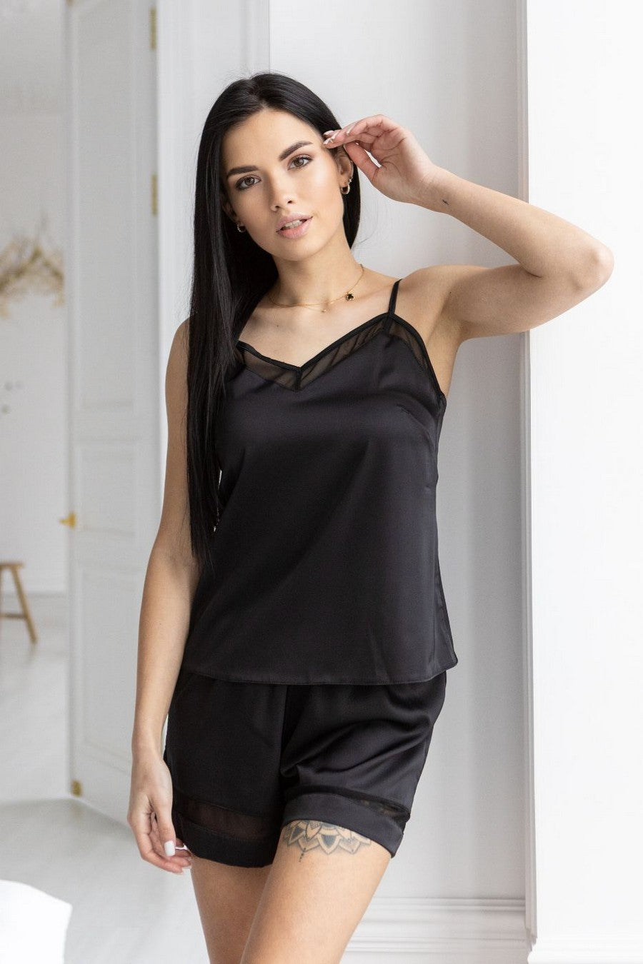 Шелковая пижама с микросеткой Пч1090 black