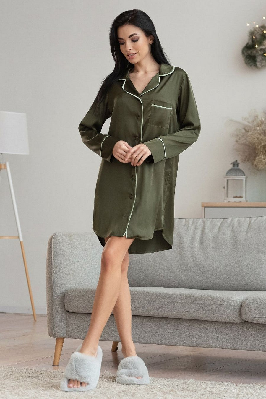 Шелковая сорочка на пуговицах Рх1385 khaki