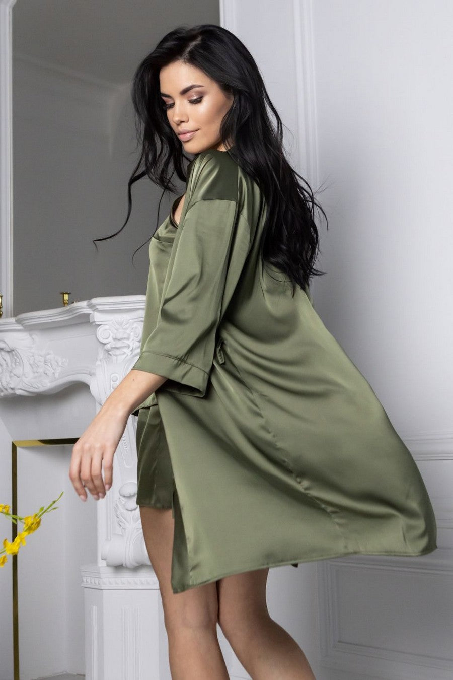 Шелковый халат с поясом Х1071 khaki