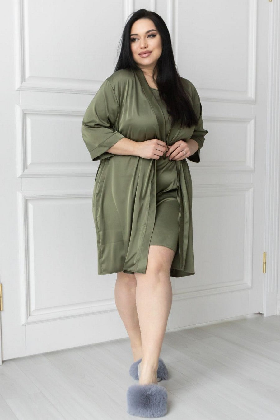 Шелковый халат с поясом Х1071 khaki