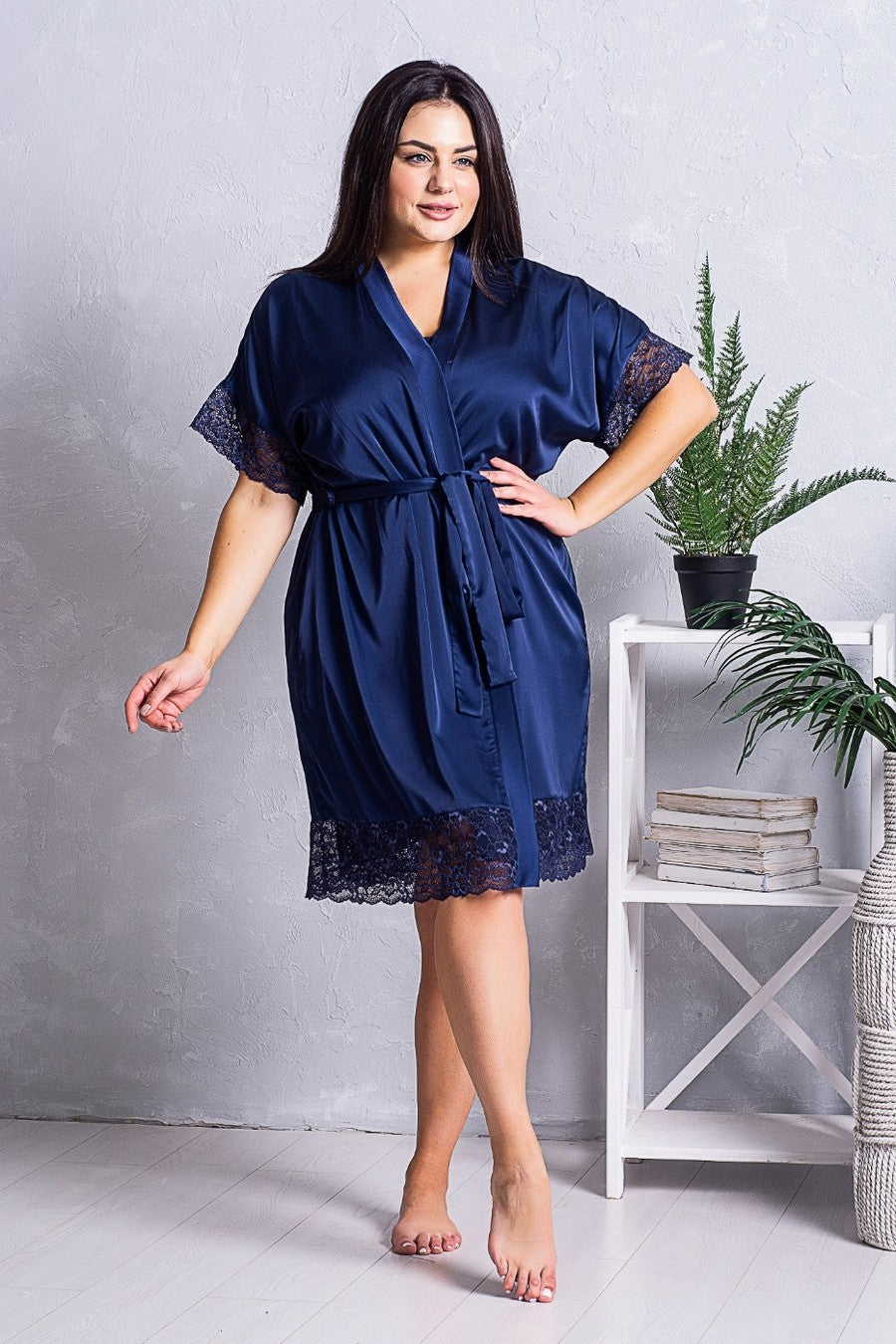 Шелковый халат с кружевом Х1241 blue