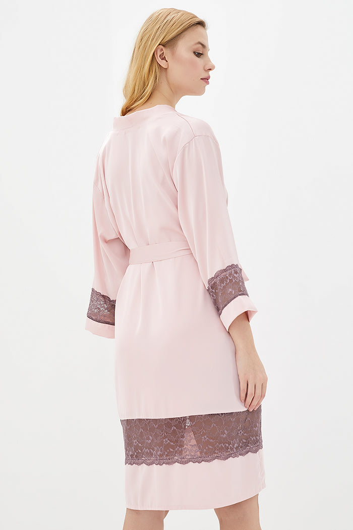 Шелковый халат с кружевом Х929 light rose