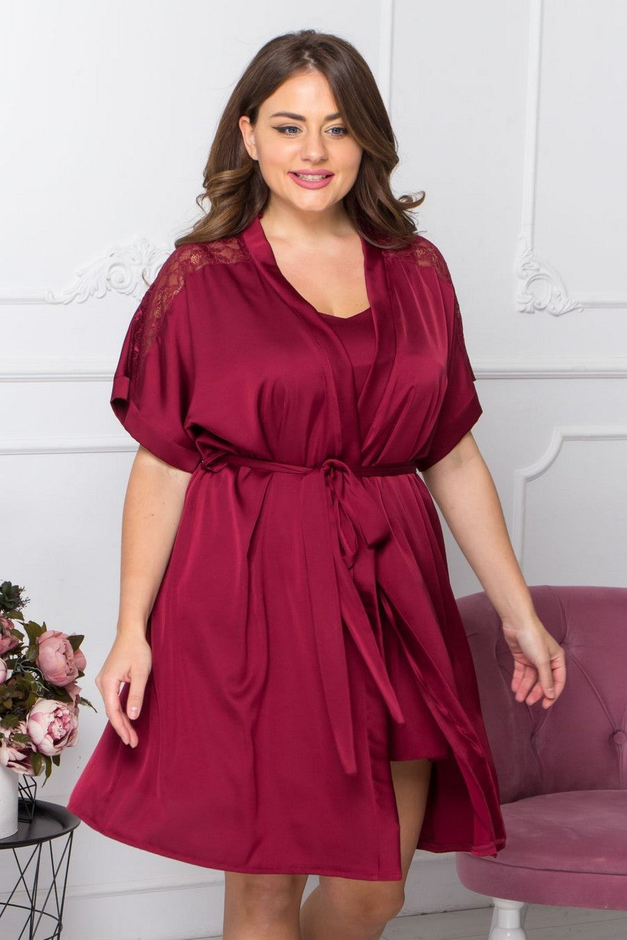 Шелковый халат с поясом Хб1010 burgundy