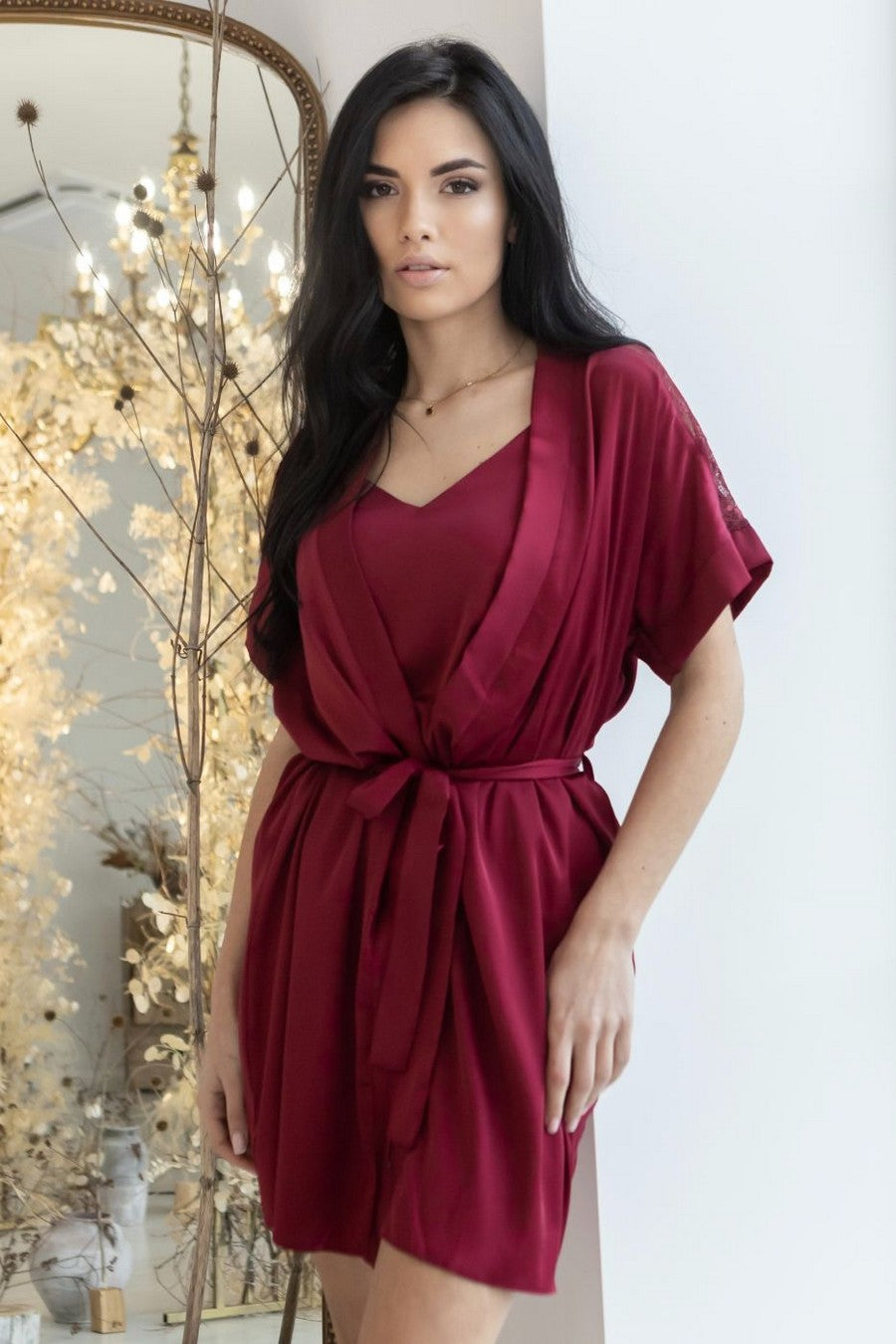 Шелковый халат с поясом Хб1010 burgundy