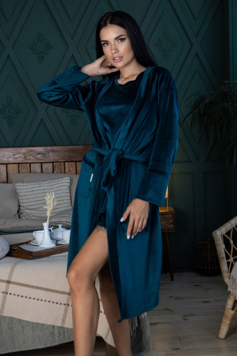 Велюровый халат с поясом Хб1600 dark green