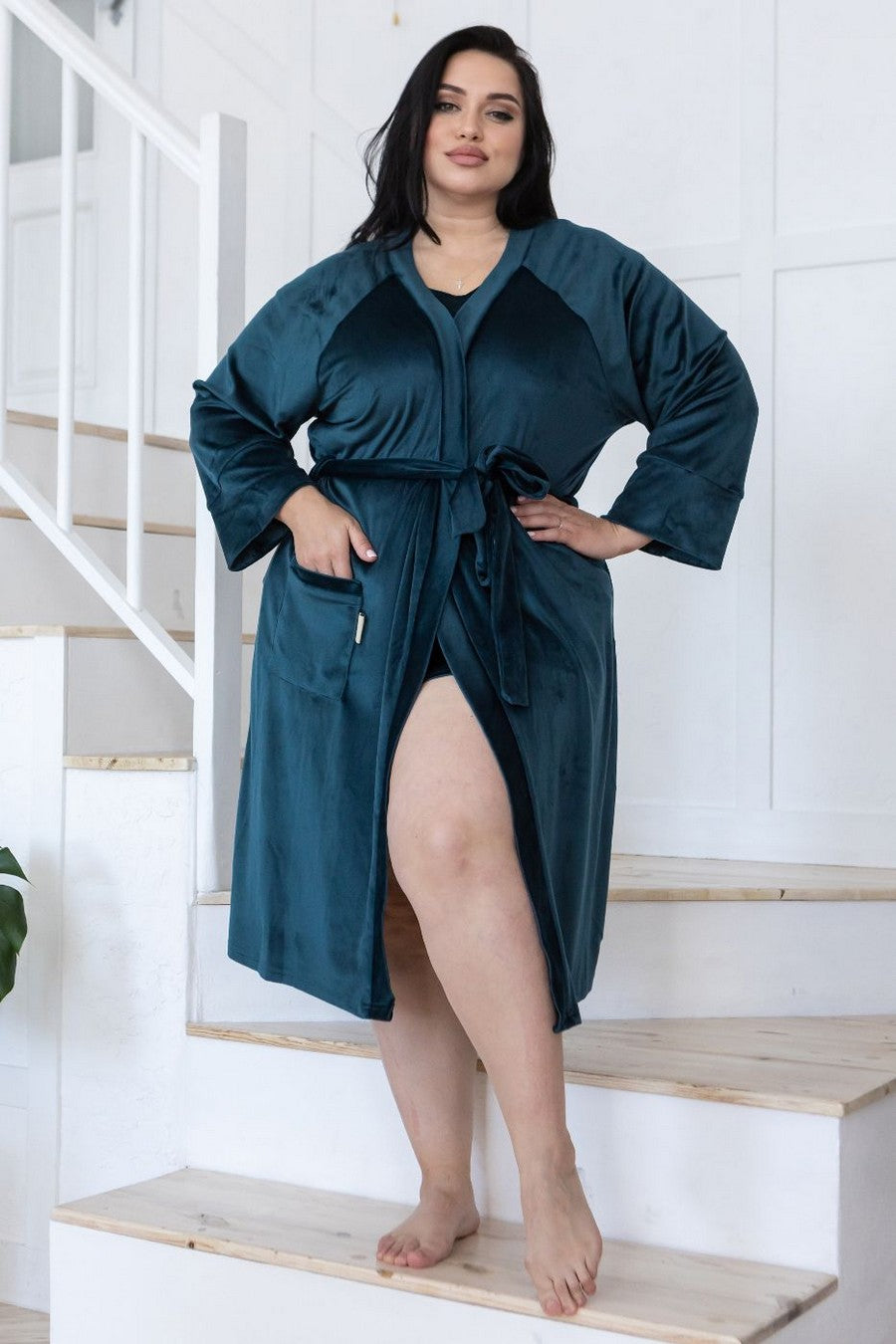 Велюровый халат с поясом Хб1600 dark green