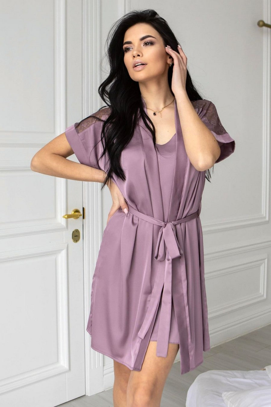 Шелковый халат с поясом Хбф1010 pale purple