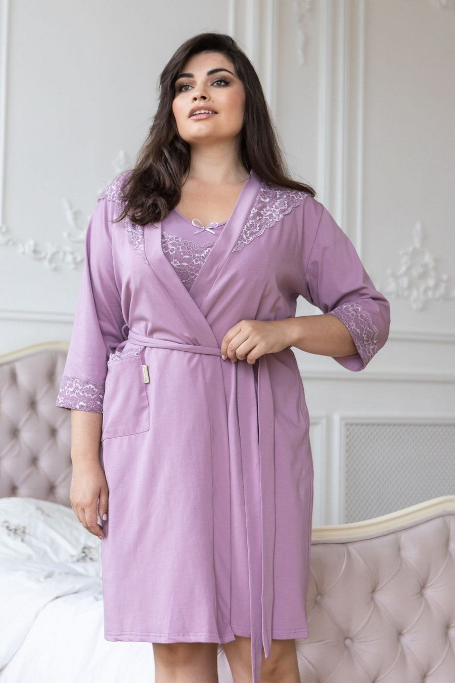 Хлопковый халат с кружевом Хф1002 pale purple
