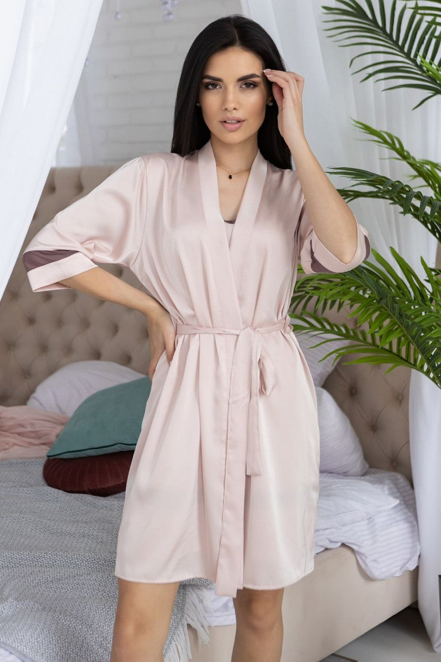 Короткий шелковый халат Хм1092 light rose