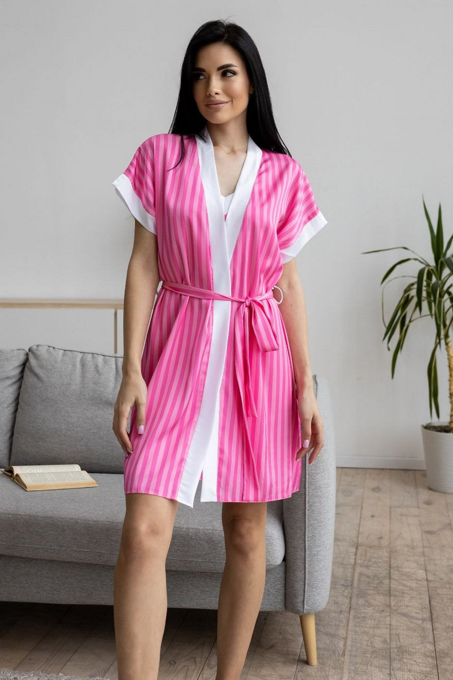 Шелковый халат в полоску Хм1902 crimson