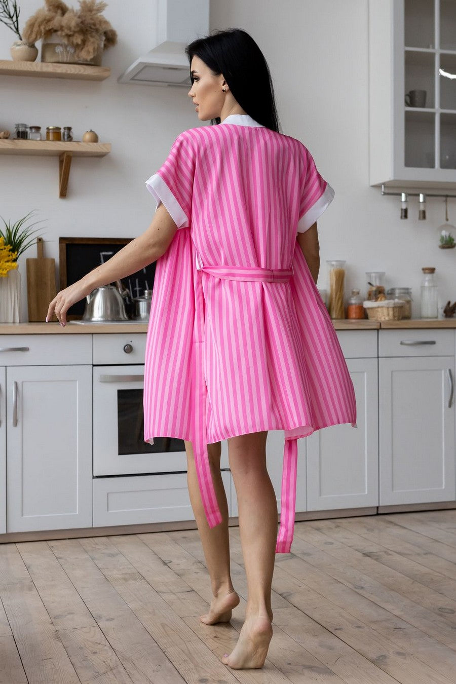 Шелковый халат в полоску Хм1902 crimson