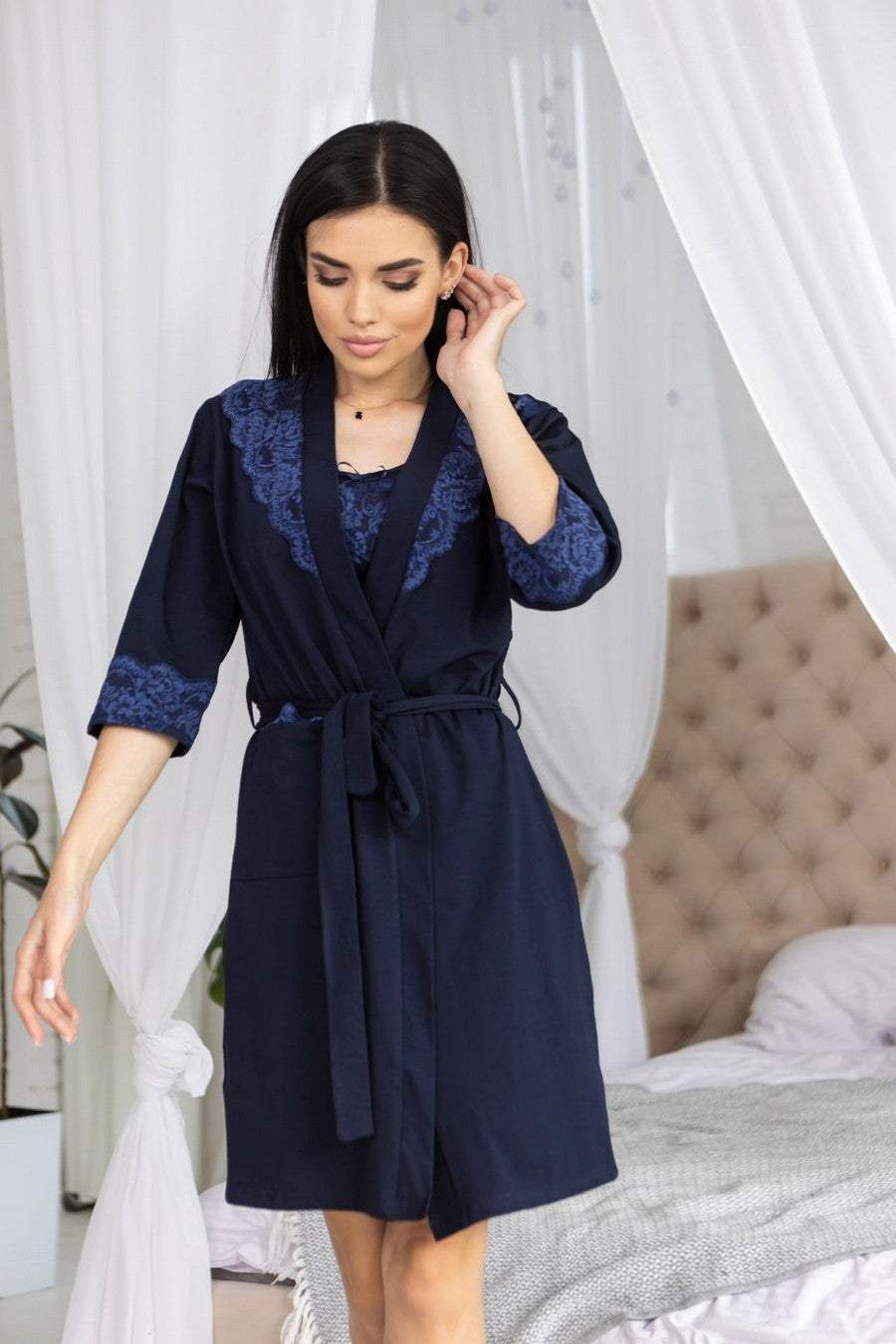 Хлопковый халат с кружевом Хс1002 blue