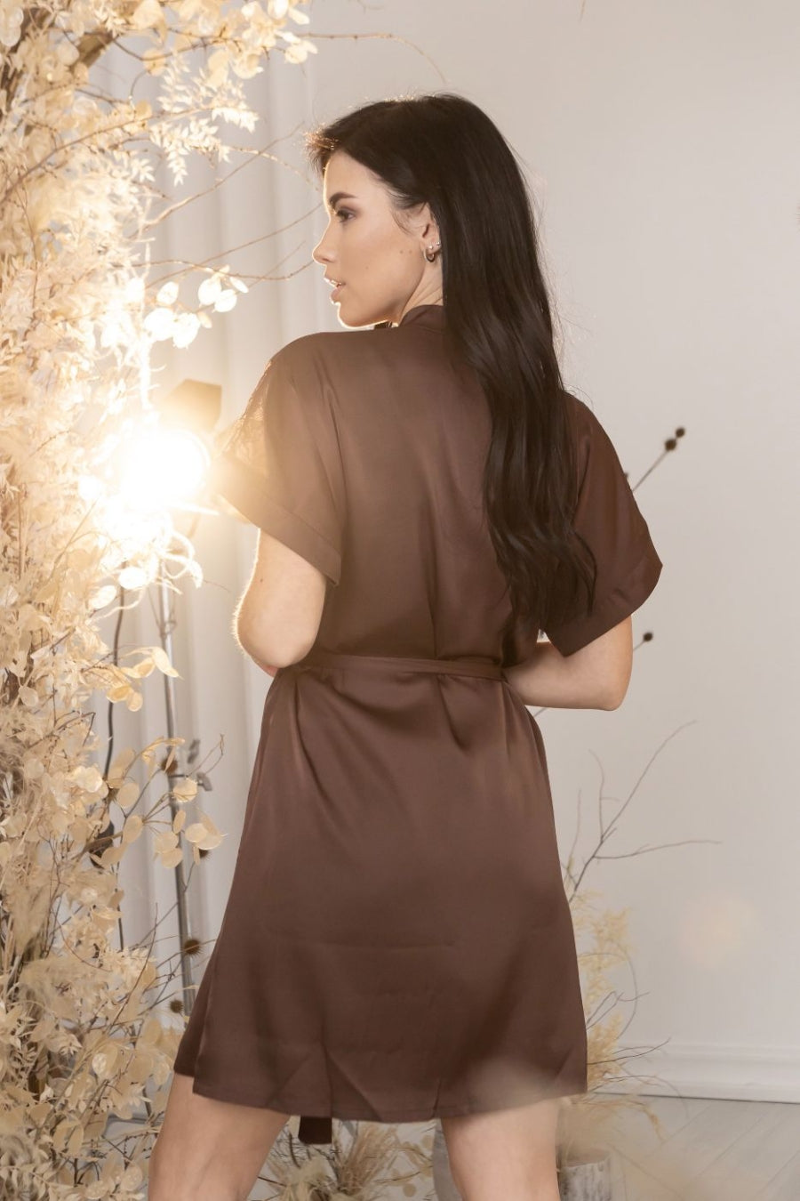 Шелковый халат с поясом Хш1010 brown