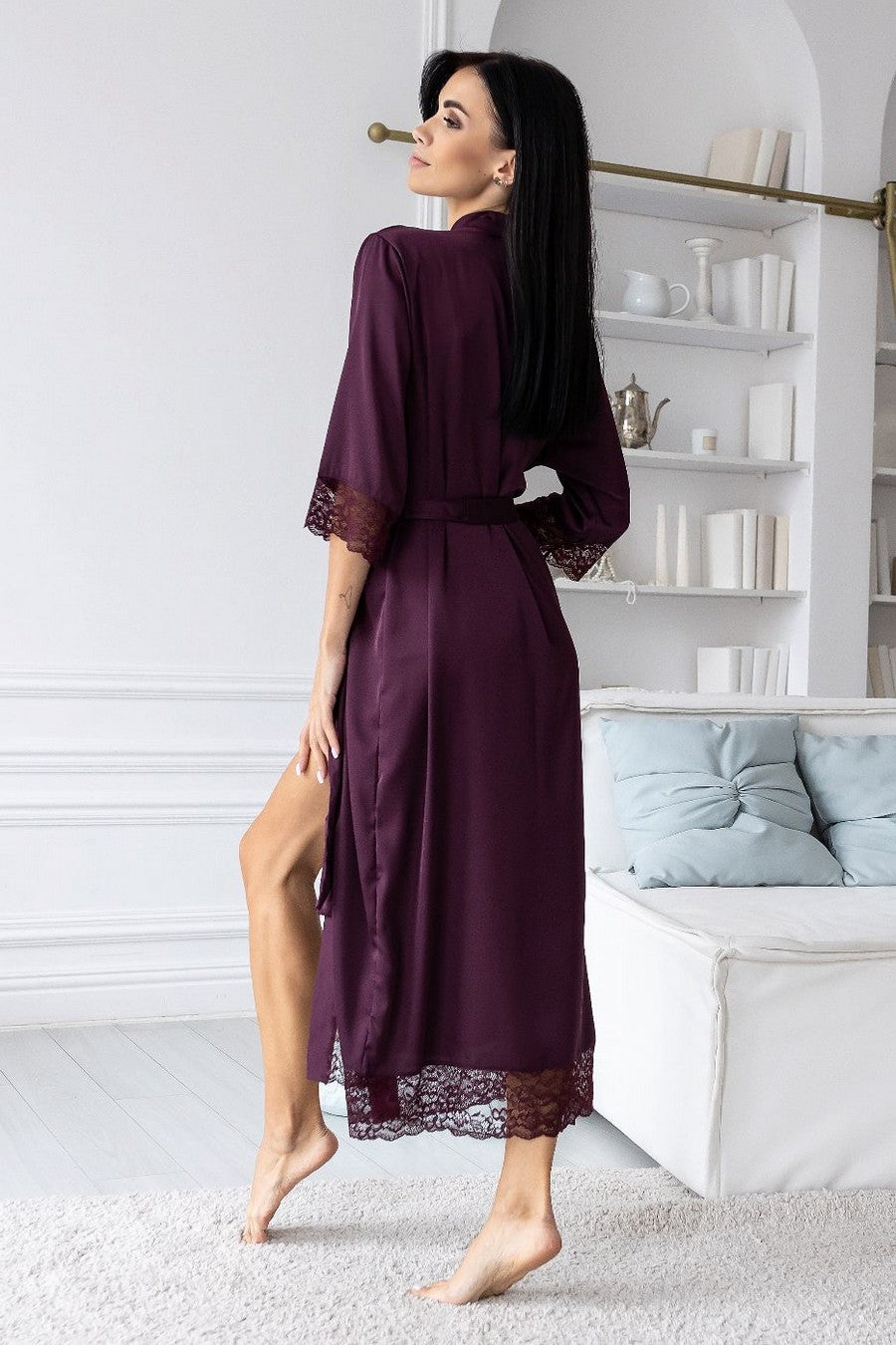 Шелковый халат с кружевом Хсл052 plum