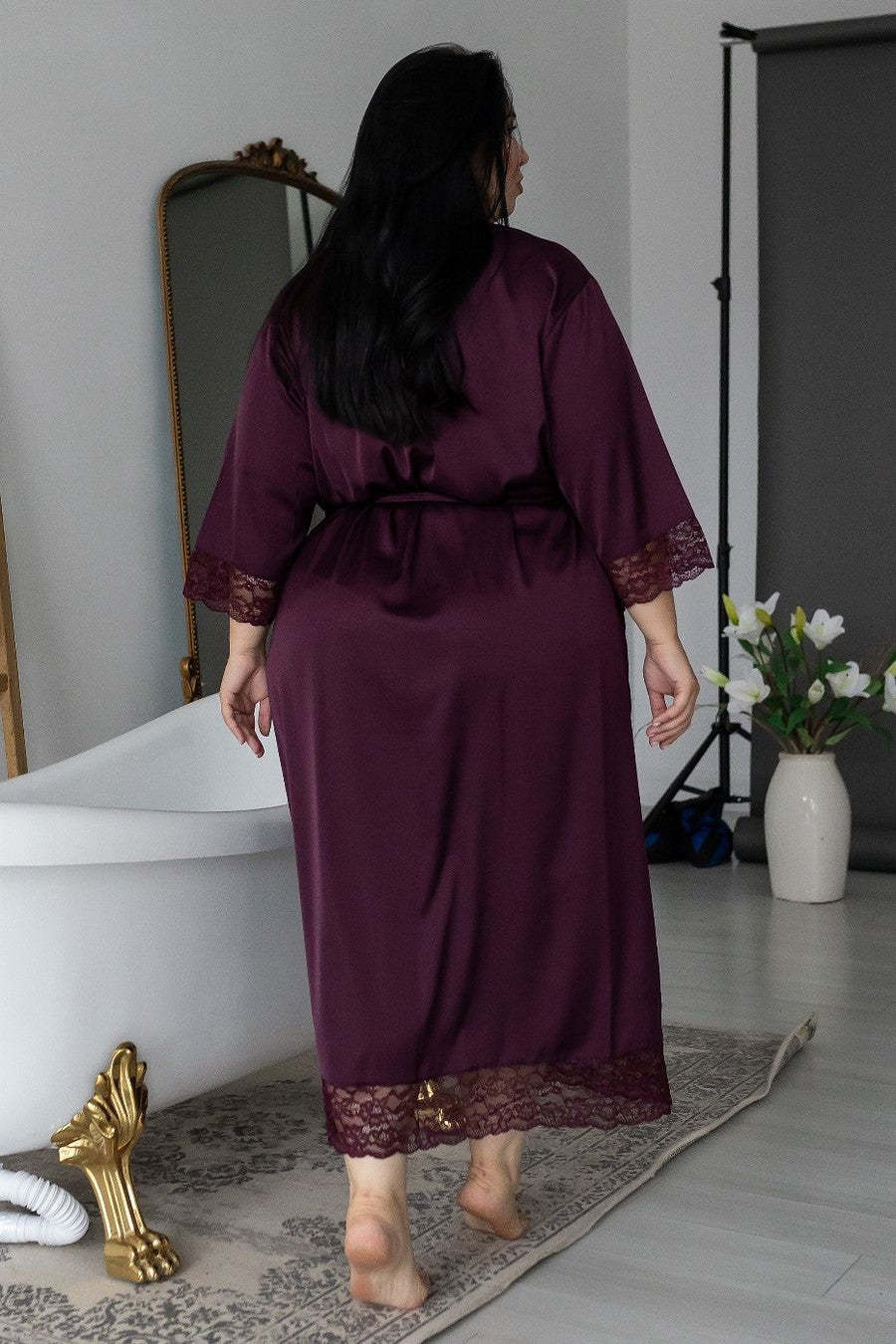 Шелковый халат с кружевом Хсл052 plum