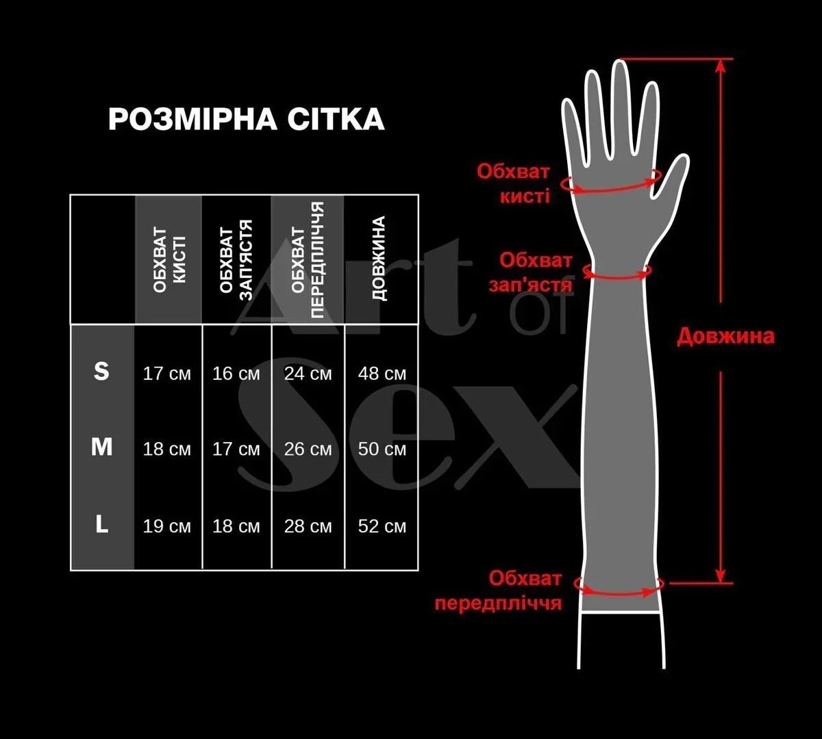 Довгі вінілові мітенки Lora мокрий оксамит Art of Sex таблиця розмірів